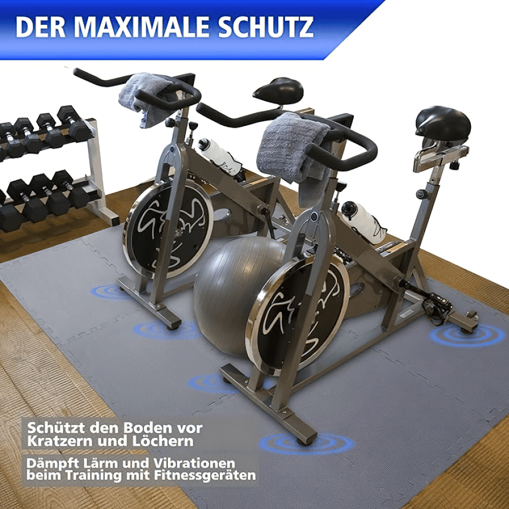 Gym setup with exercise bikes on non-slip mats providing floor protection against scratches, ideal for stability and noise reduction.